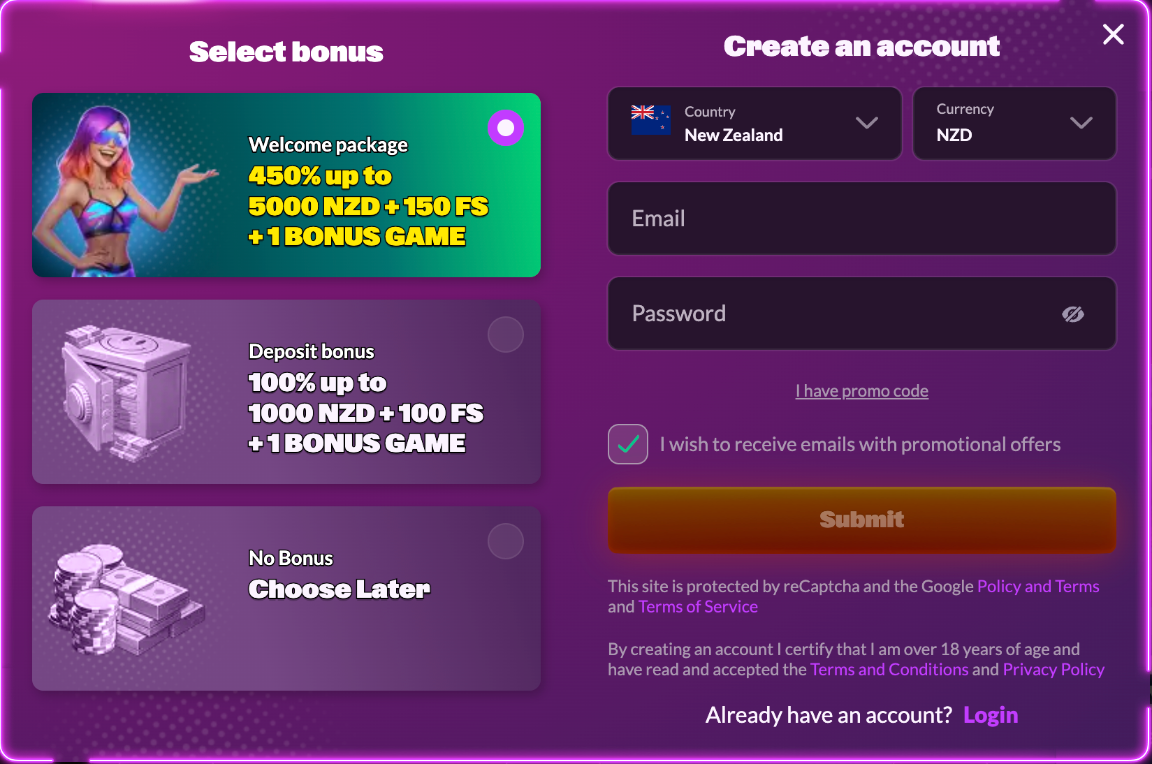 SlotRave registration screen